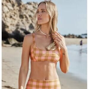 L*Space Jess Bikini Top in Brown Pink Plaid Size Medium NWT